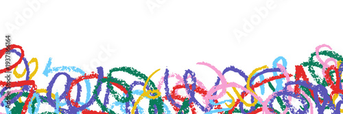 Bottom border of messy multicolored crayon scribbles. Hand drawn wax chalk texture. Abstract naive kids drawing on transparent background. Vibrant artistic header element vector illustration