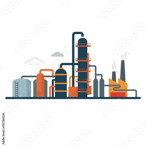 Industrial factory complex with smokestacks and machinery operating