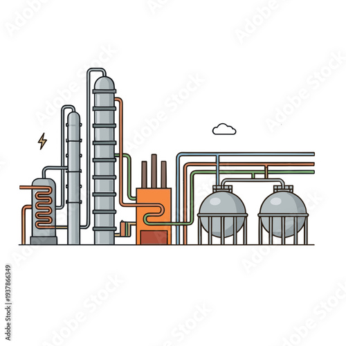 An industrial facility with smokestacks and pipes emits steam into the air.