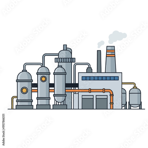 Industrial factory complex with smokestacks and machinery operating