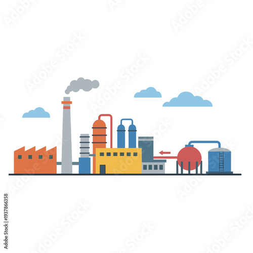 Industrial factory complex emits smoke surrounded by clouds and buildings