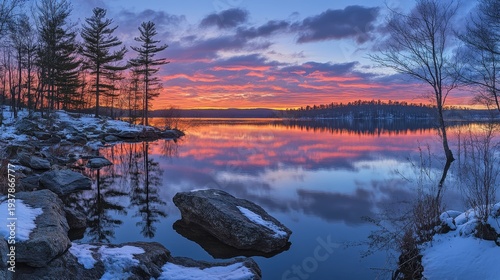 A serene winter sunset reflecting vibrant colors on a calm lake surrounded by snow and trees