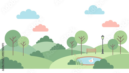 Flat Design Park Landscape Illustration with Pond, Bench, Duck & Lamp Post