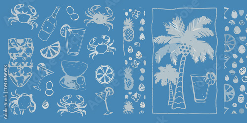 A summery still life featuring tropical fruits crabs and beach items