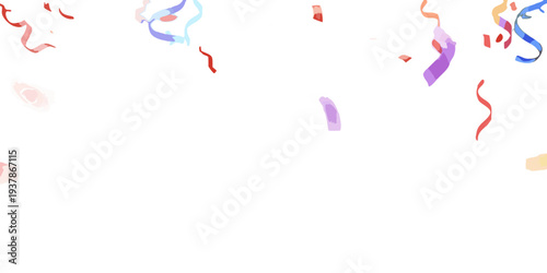 Colorful confetti ribbons falling against a dark solid black background