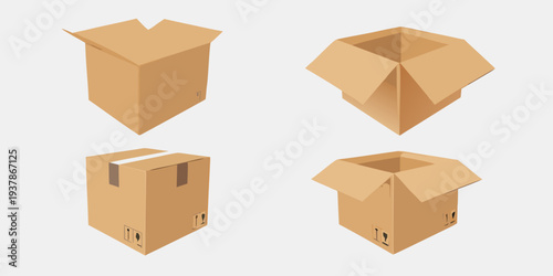 Four cardboard boxes in different states of assembly and perspective