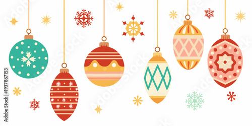 Colorful hanging ornaments and snowflakes create a festive holiday scene