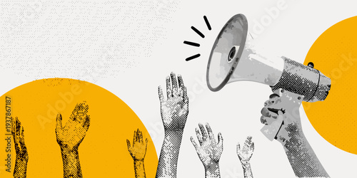 A megaphone announces to a crowd raising their hands in the air