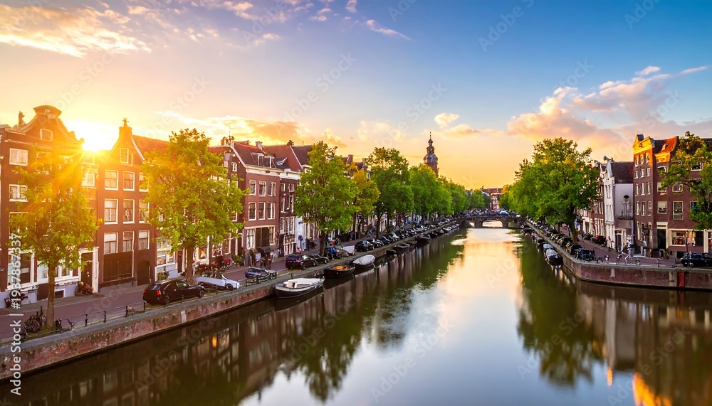 Obraz premium Dutch canal scene at sunset with colorful buildings and water reflection