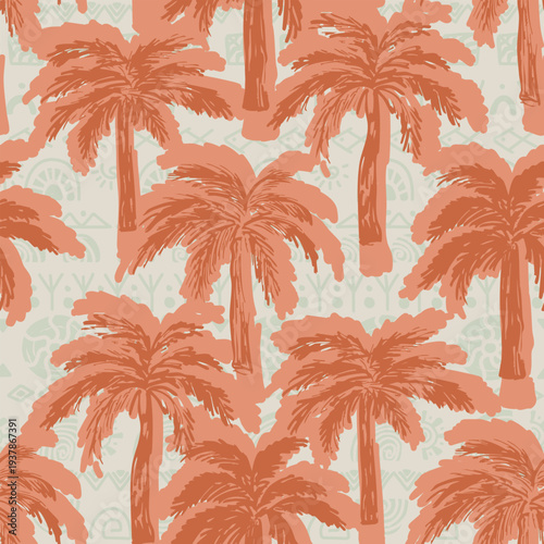 Seamless Hand Drawn Palm Tree Pattern with African Geometric Motifs Seamless tropical pattern featuring expressive hand drawn palm trees created with textured brushstroke lines resembling charcoal or