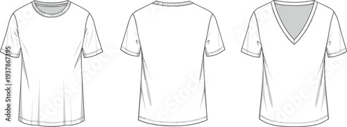 Blank white mens t-shirt vector technical sketch set with crew neck and v-neck front and back views for fashion mockup