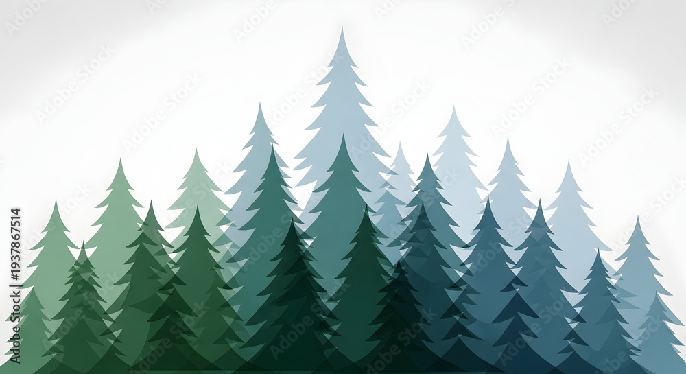 Obraz premium Scandinavian-style abstract pine trees. Using overlapping translucent geometric shapes and forest gradients. Minimalist and clean aesthetic for winter and outdoor branding. 