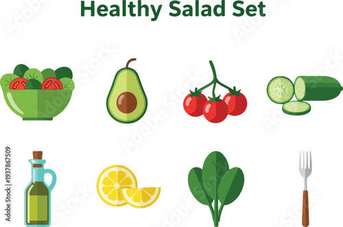 A healthy salad set illustration with vegetables fruits and dressing