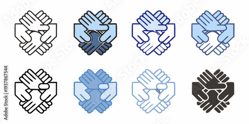 Eight variations of hands joining in a circle symbolizing unity