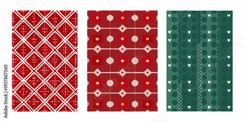 Three festive patterns diamonds dots and hearts in red and green