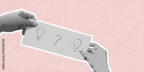 Hands tearing paper with question marks a conceptual illustration