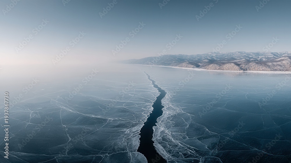 Fototapeta premium Vast frozen lake with a deep crack revealing dark water below, mountains in distance