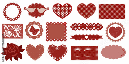 Collection of red patterned shapes and romantic decorative elements