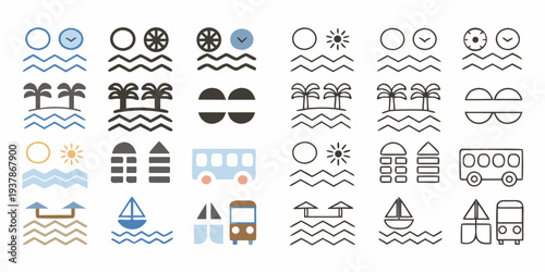 Collection of minimalist icons depicting weather travel and seascape elements