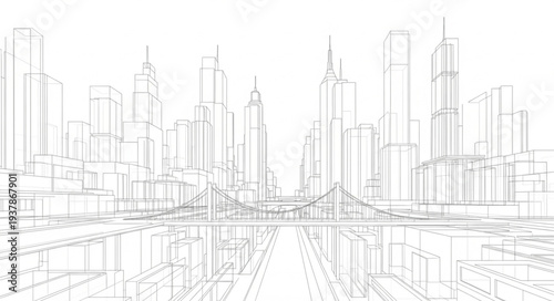 Cityscape Sketch with Skyscrapers and Buildings.