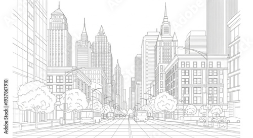 Cityscape Sketch with Buildings and Trees.