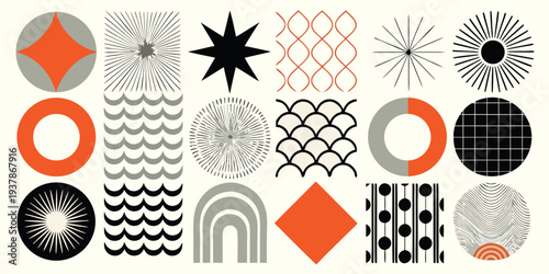 Collection of abstract geometric shapes and patterns in orange gray and black
