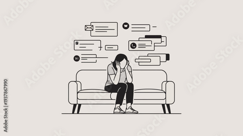 A woman sits on a couch overwhelmed by social media notifications and messages.