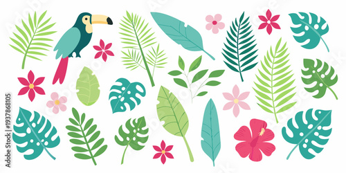 A colorful tropical illustration featuring a toucan and lush foliage