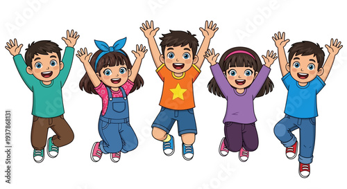 Group of five happy cartoon children jumping up with arms raised in excitement