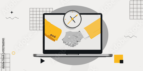 Digital handshake agreement displayed on a laptop screen with time element