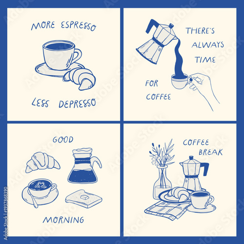 Coffee posters, banners, prints collection with monochrome vintage doodles and lettering quotes for interior wall art, kitchen towels, restaurants and cafes decor. EPS 10