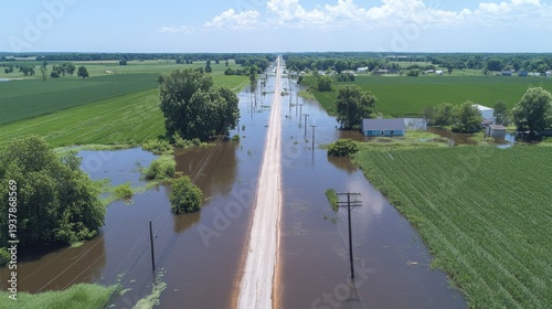 Wallpaper Mural An aerial view of a flooded road surrounded by lush green fields under a clear blue sky Torontodigital.ca