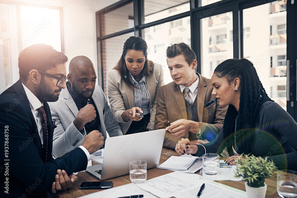 Fototapeta premium Laptop, discussion and meeting with business people in office for accounting, idea or planning. Team, computer and group of accountants pointing for audit review, corporate taxes or financial insight