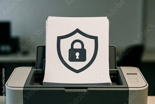 A printer is holding a document with a security shield icon, suggesting data protection or confidentiality.