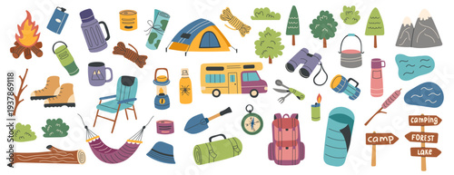 Set of camping, travel and hiking objects isolated on white background. Vector flat cliparts. The concept of travel, camping, hiking and outdoor recreation.