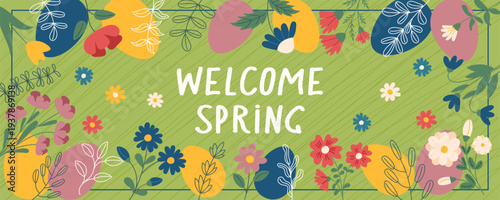 Easter and spring banner with flowers, eggs and copy space. Vector background in flat style.