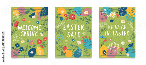 Set of Easter spring poster with flowers, eggs and copy space. Vector greeting cards in flat style.