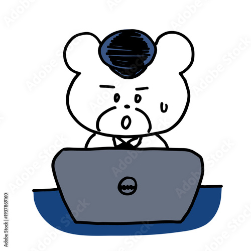 パソコンを使って事務仕事をする失敗気味のクマのサラリーマンキャラクター