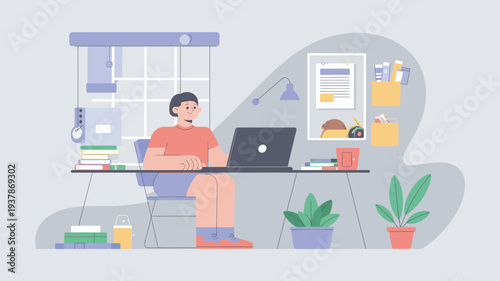 A man sits at a desk with a laptop in a colorful and organized workspace with plants and books