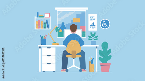 A man sits at a desk in a modern office with a computer and various office supplies