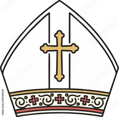 Minimal Catholic Bishop Mitre Hat Vector Illustration with Gold Cross and Decorative Band, Christian Religious Symbol (Isolated)