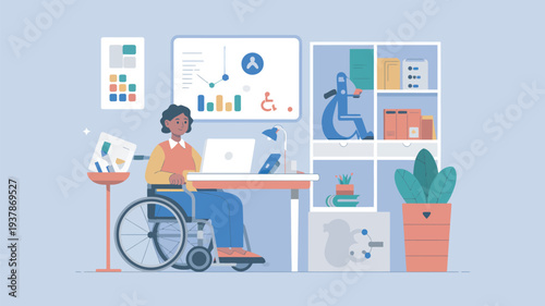 A woman in a wheelchair works on her laptop at a desk in a modern office with accessible design features