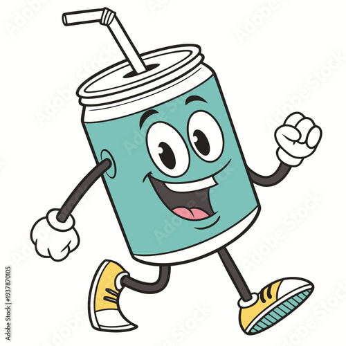 Vector illustration of Active Soda Can Mascot Character with Straw and Sneakers Running
