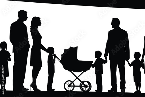 Black silhouette of a large happy family with parents children and a baby in a stroller walking together isolated on a white background