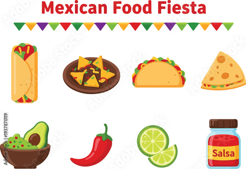 An illustration features Mexican dishes including a burrito nachos taco quesadilla guacamole chili pepper lime and salsa
