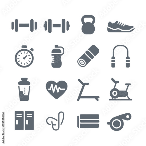Minimalist Black Fitness and Gym Equipment Icon Collection