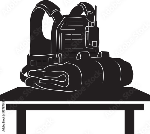 bulletproof vest and blanket vector silhouette illustration line art for military