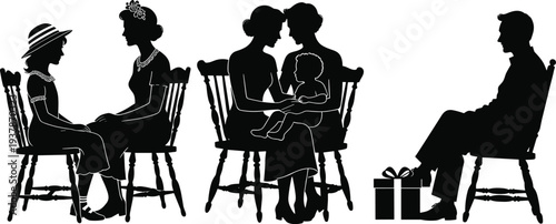 Black silhouette of family members sitting on chairs including mother and daughter, two women with a baby, and a man with a gift box.