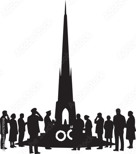 Silhouette of people attending memorial service at monument with wreath vector illustration