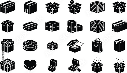 Black Vector Icon Set of Shipping Boxes Cardboard Packages Gift Boxes Crates Shopping Bags and Jewelry Containers for Logistics E-commerce Retail and Delivery Design